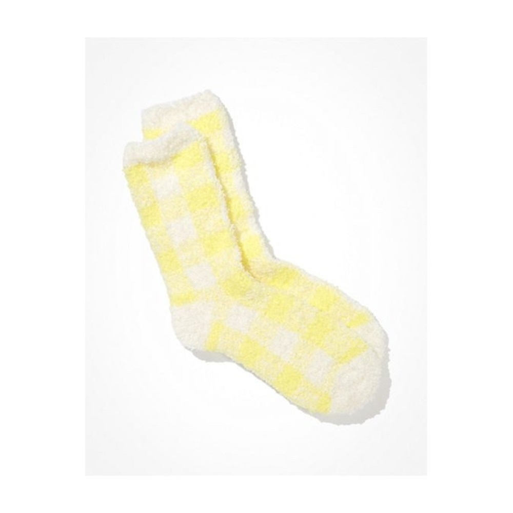 AE Fuzzy Plaid Crew Sock Womens One Size Lime Checkered Cozy Soft